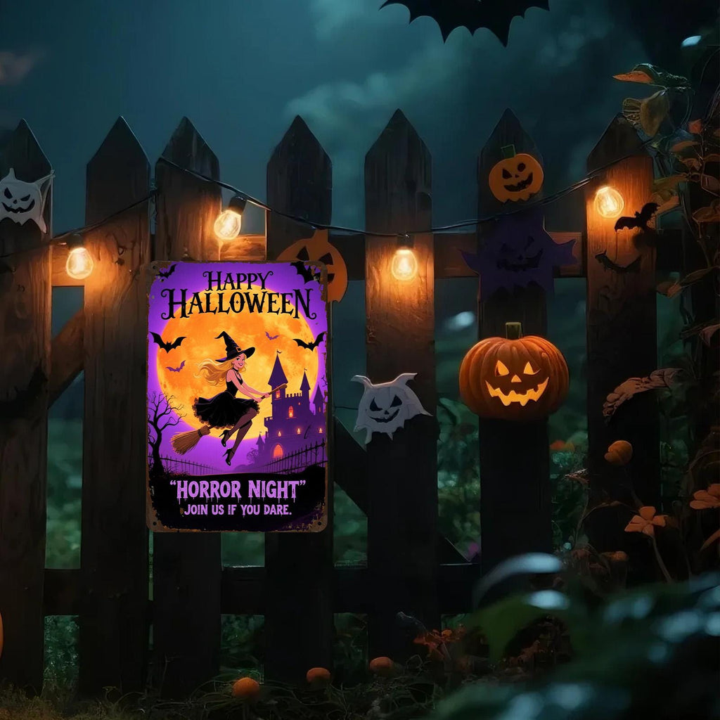 Halloween Witch Metal Sign: Spooky Castle Bats, Retro Horror Decor