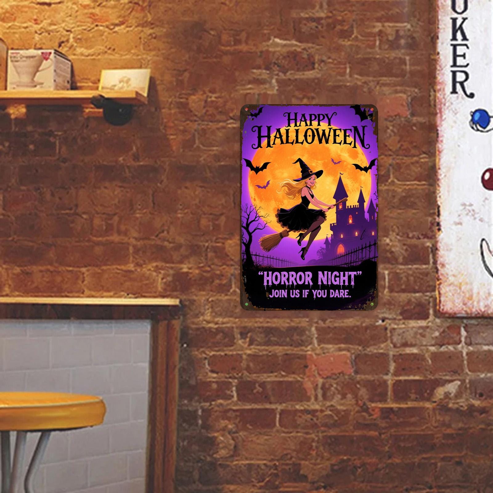 Halloween Witch Metal Sign: Spooky Castle Bats, Retro Horror Decor