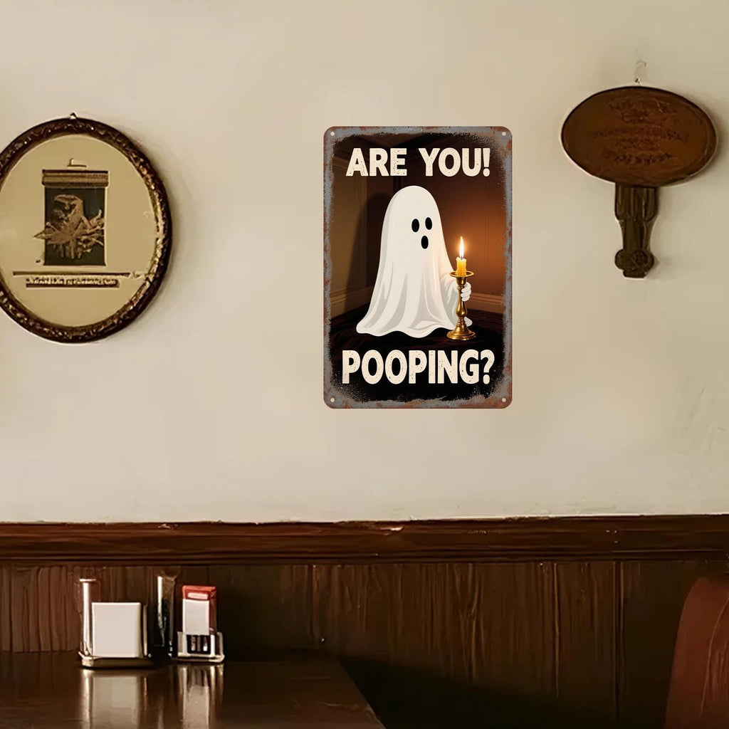 Funny Ghost Metal Bathroom Sign: Spooky Halloween Restroom Decor