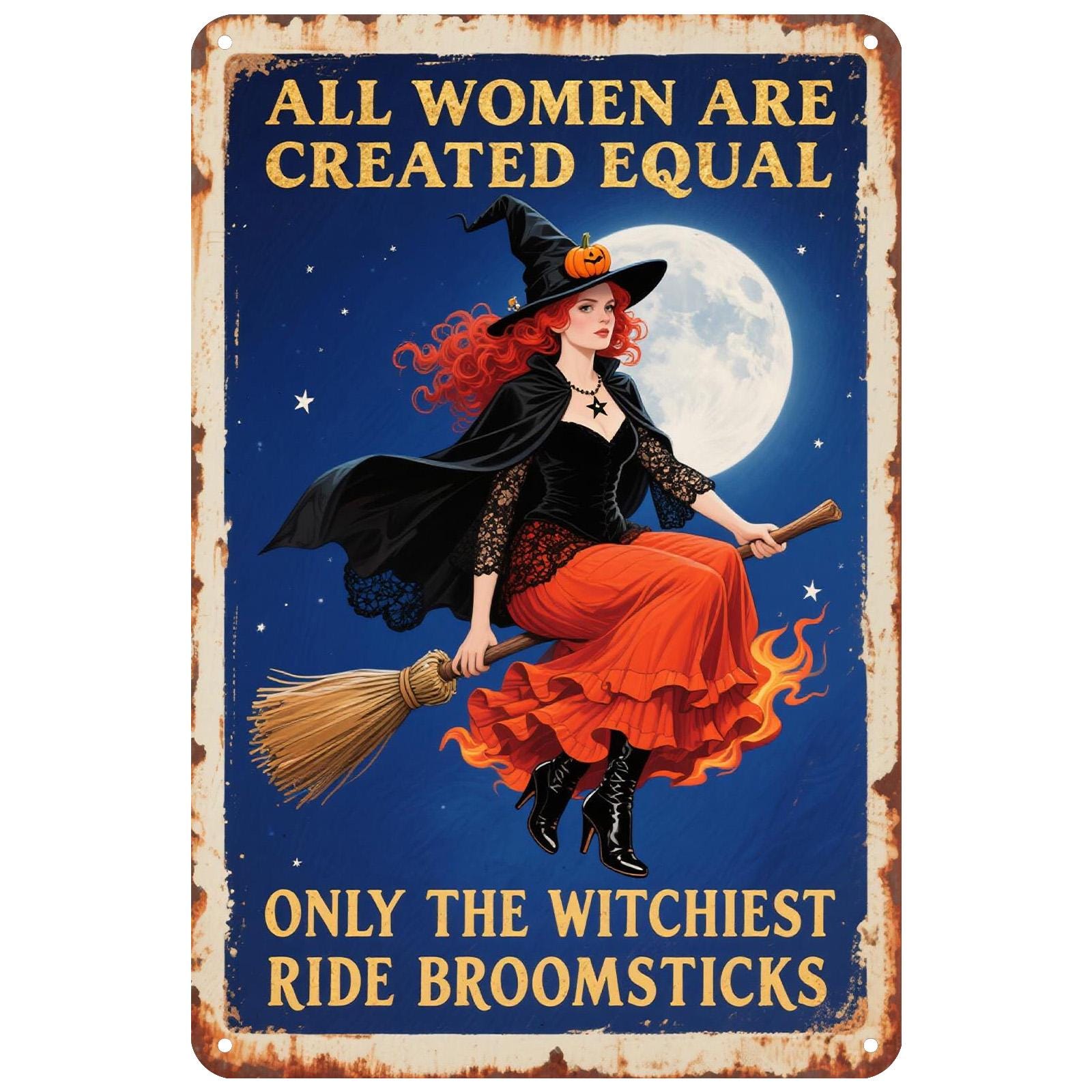 Witch Metal Sign: Feminist Gothic Decor, Vintage Broomstick Moon Art