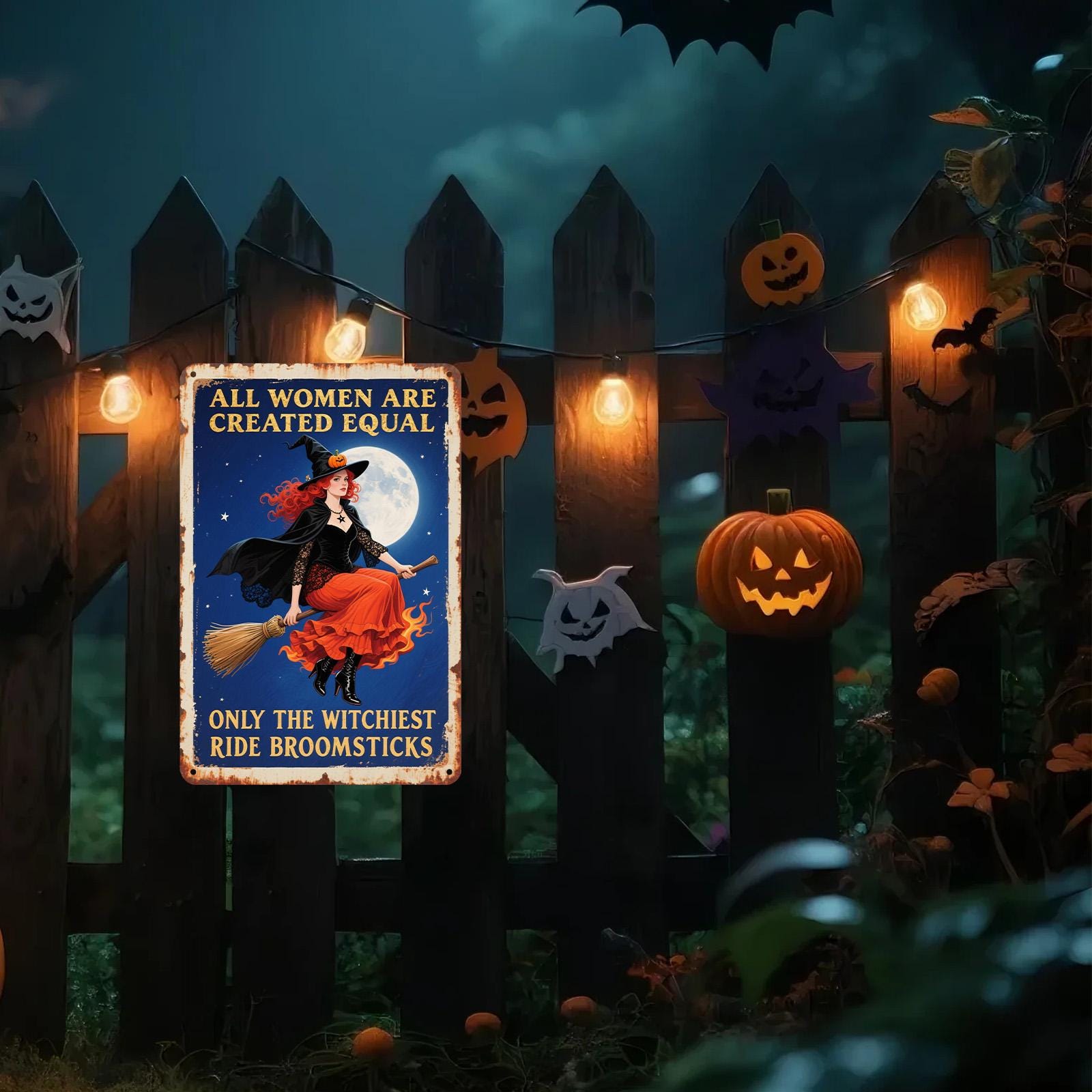 Witch Metal Sign: Feminist Gothic Decor, Vintage Broomstick Moon Art