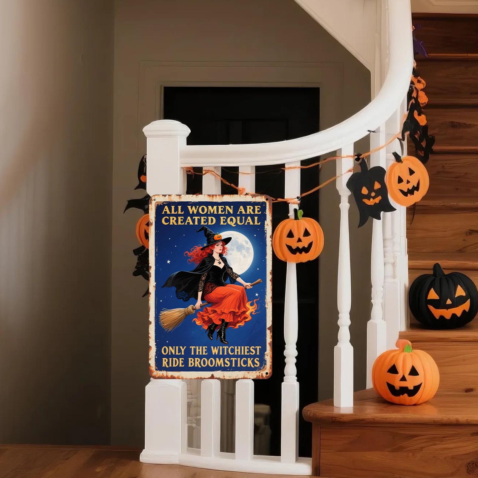 Witch Metal Sign: Feminist Gothic Decor, Vintage Broomstick Moon Art