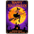 Halloween Witch Metal Sign: Spooky Castle, Bats, Full Moon