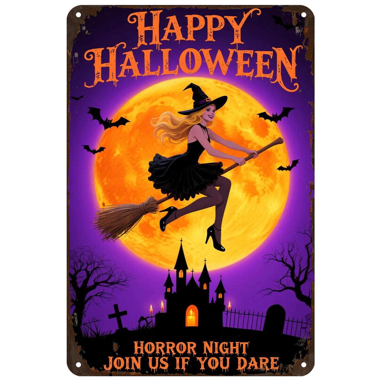 Halloween Witch Metal Sign: Spooky Castle, Bats, Full Moon