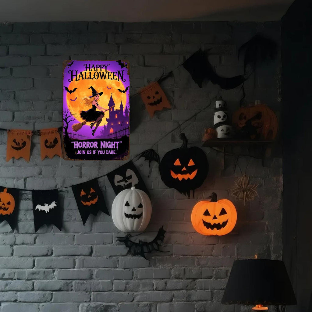 Halloween Witch Metal Sign: Spooky Castle, Bats, Full Moon