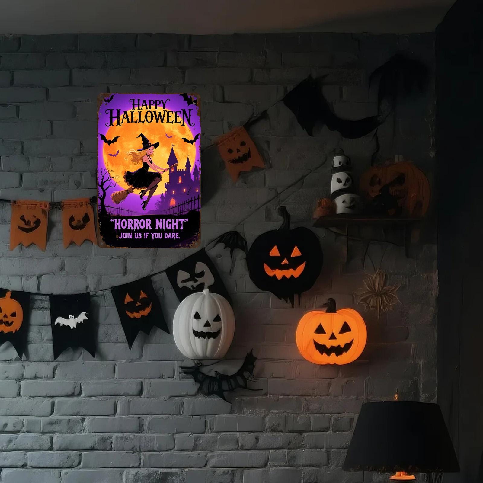 Halloween Witch Metal Sign: Spooky Castle, Bats, Full Moon