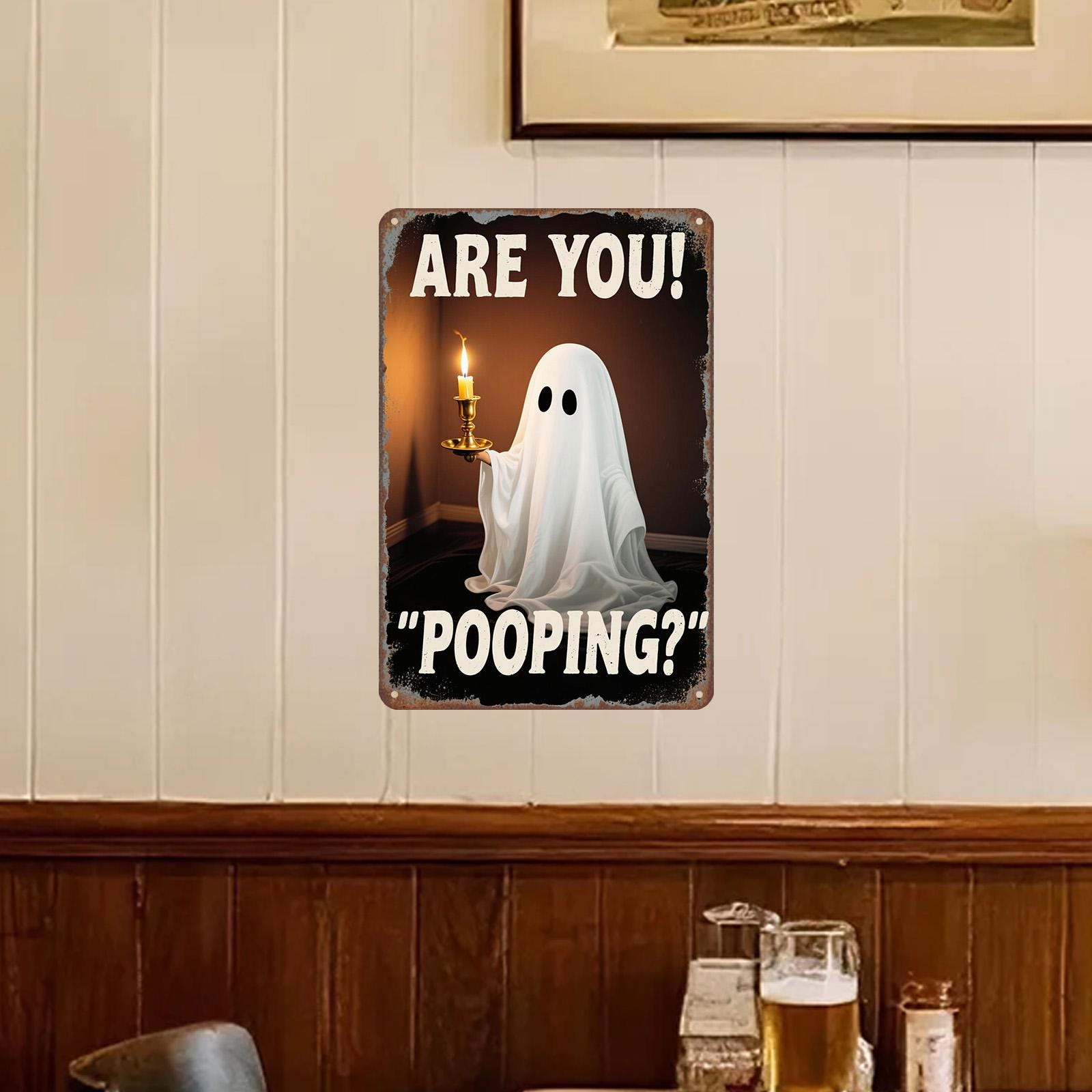 Funny Ghost Bathroom Metal Sign: Spooky Halloween Restroom Decor