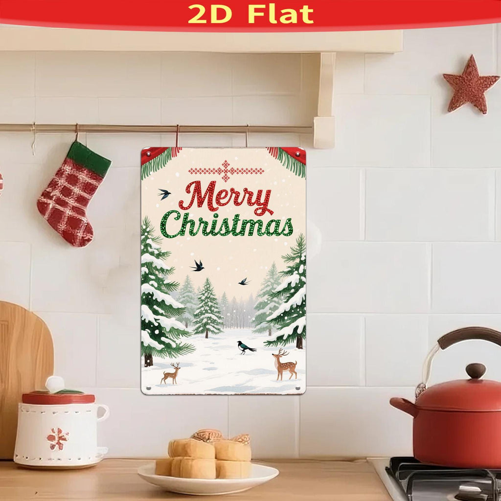 Décoration murale métallique scène de neige de Noël vintage | Panneau métallique de décoration rustique pour les fêtes