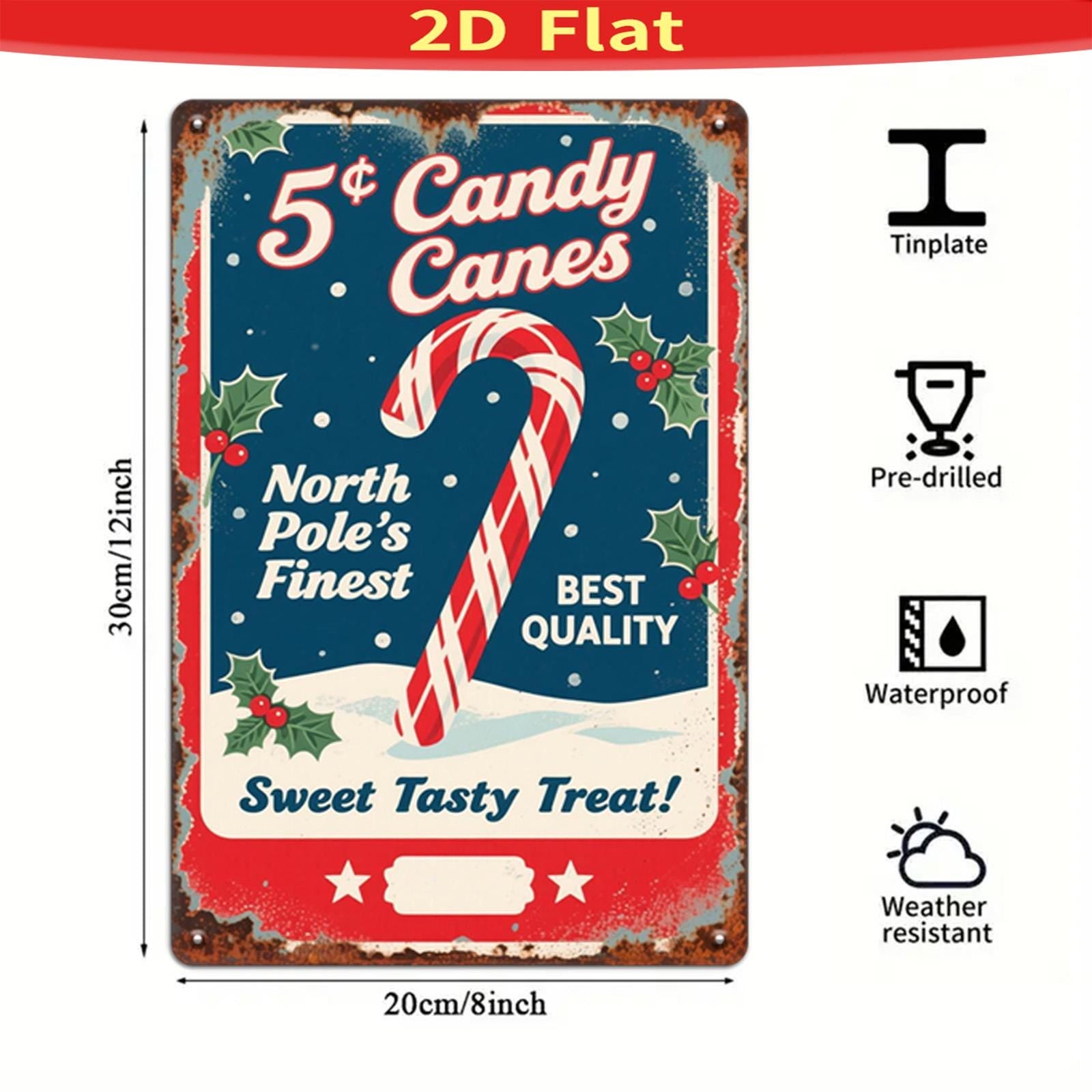 Vintage North Pole Candy Canes Metal Sign - Retro Christmas Kitchen Decor