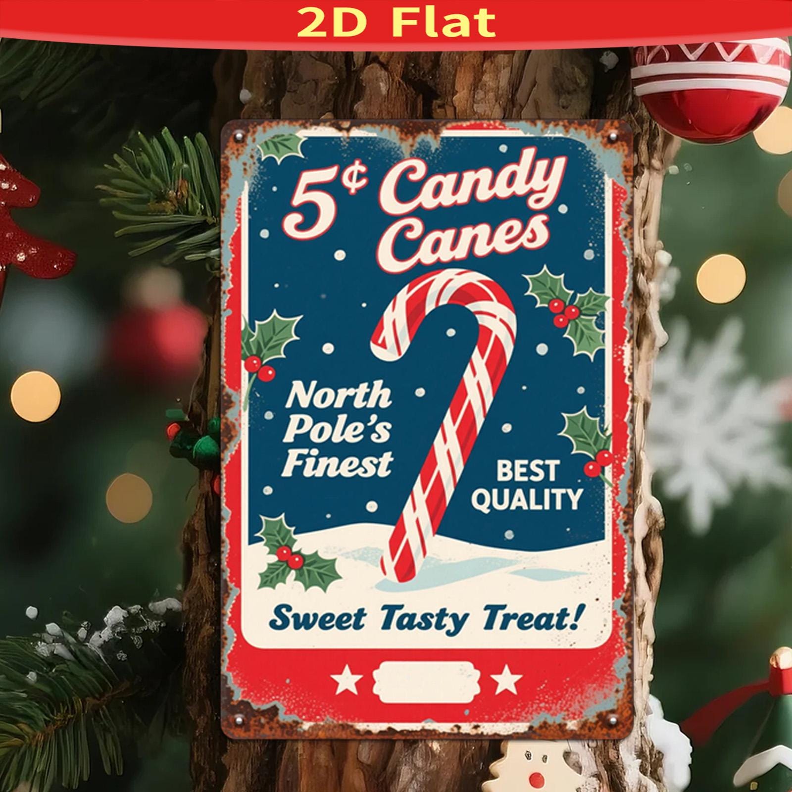 Vintage North Pole Candy Canes Metal Sign - Retro Christmas Kitchen Decor