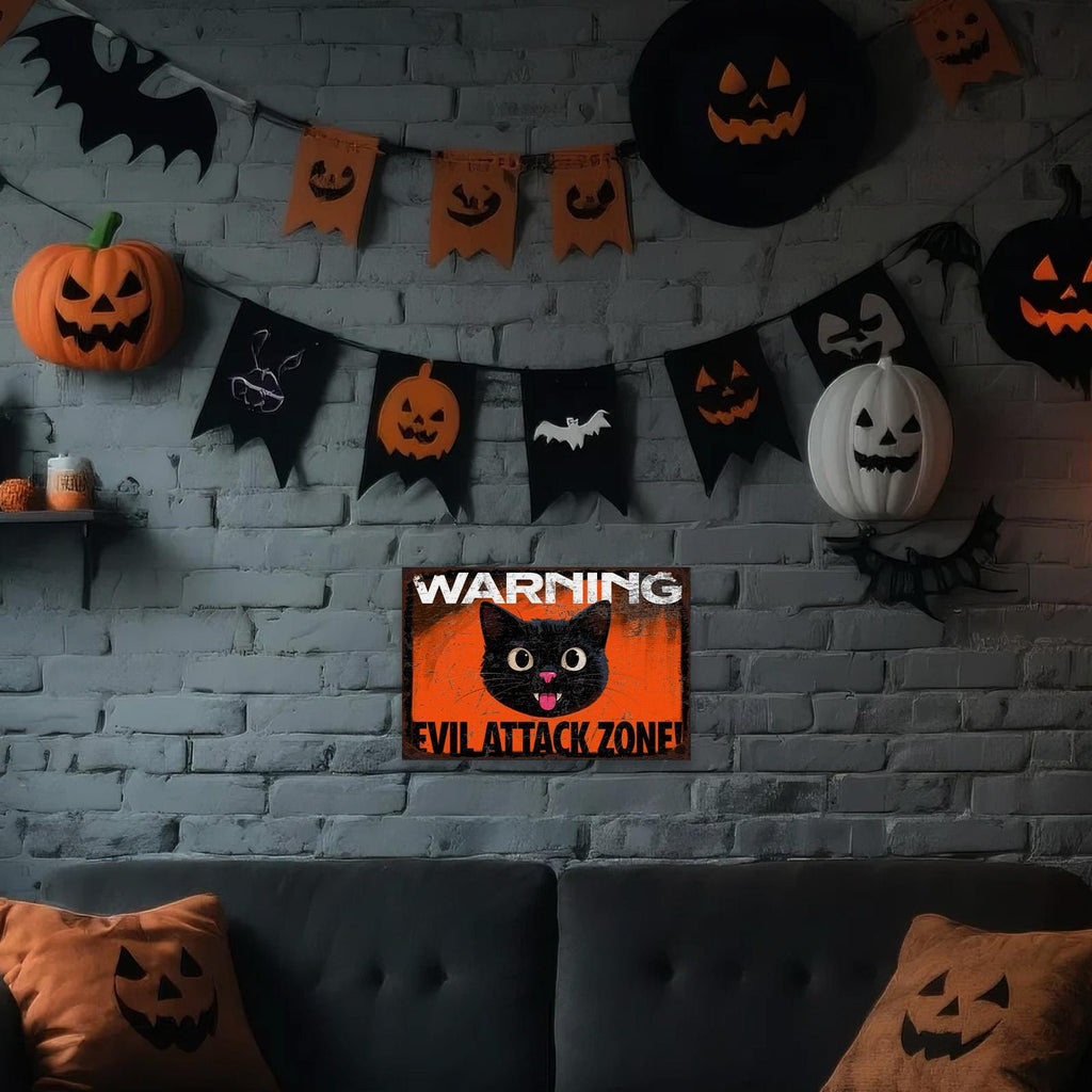 Lustiges Warnschild mit schwarzer Katze | Vintage Halloween Spukhaus Deko Metallschild