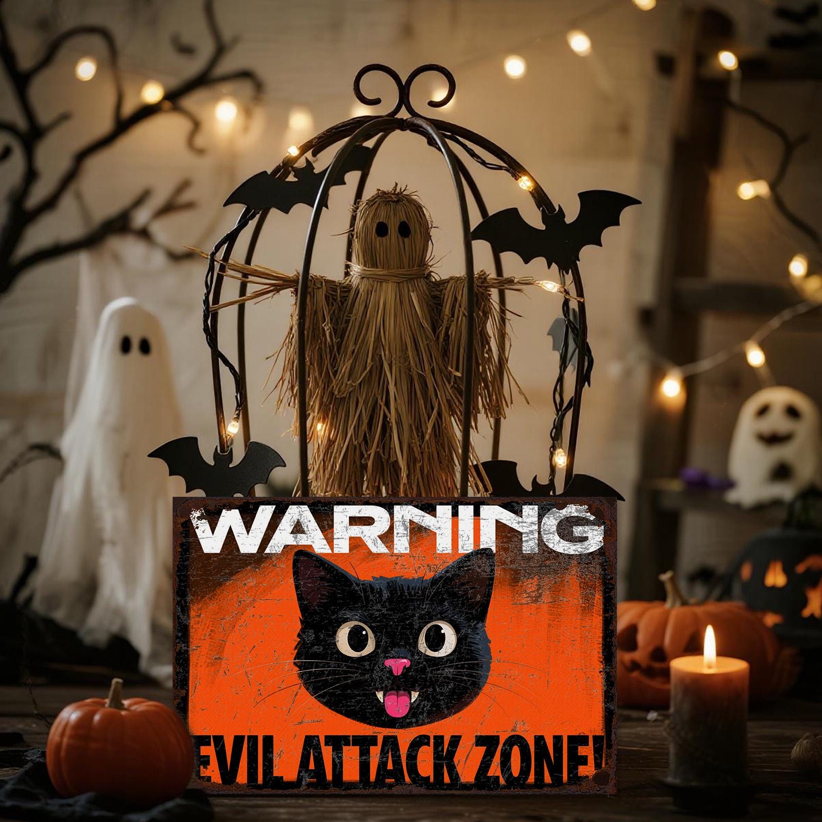 Funny Black Cat Warning Sign: Vintage Halloween Haunted House Decor