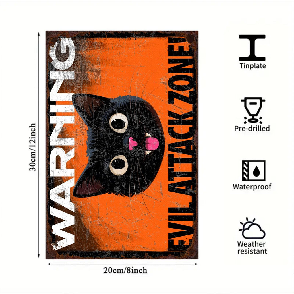 Lustiges Warnschild mit schwarzer Katze | Vintage Halloween Spukhaus Deko Metallschild