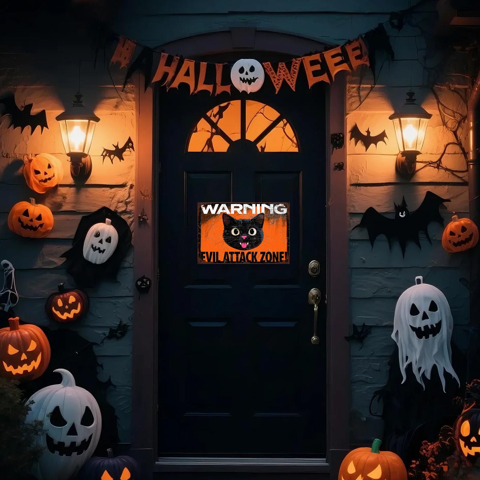 Funny Black Cat Warning Sign: Vintage Halloween Haunted House Decor