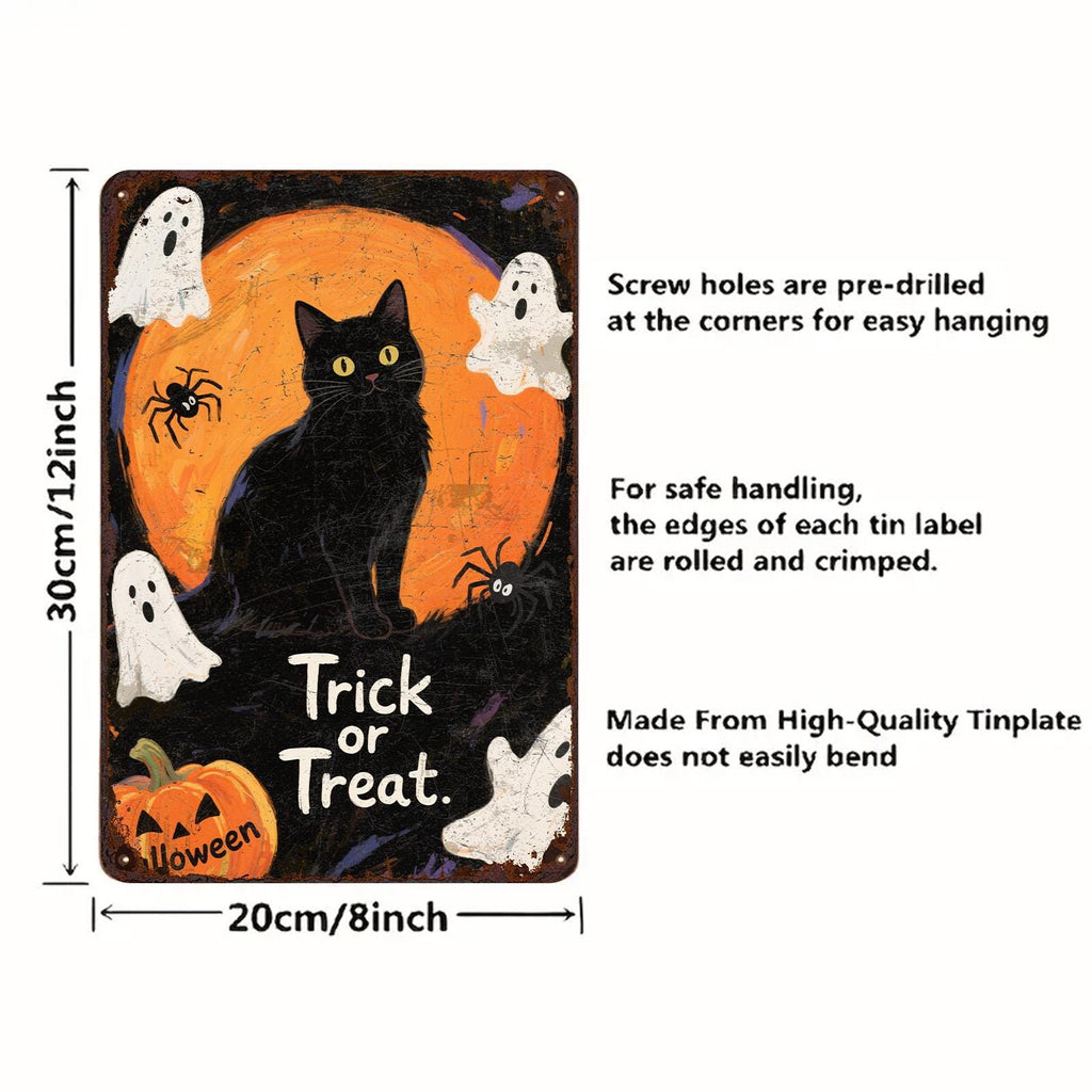 Schwarze Katze Halloween Metallschild | Vintage Trick or Treat Wandkunst