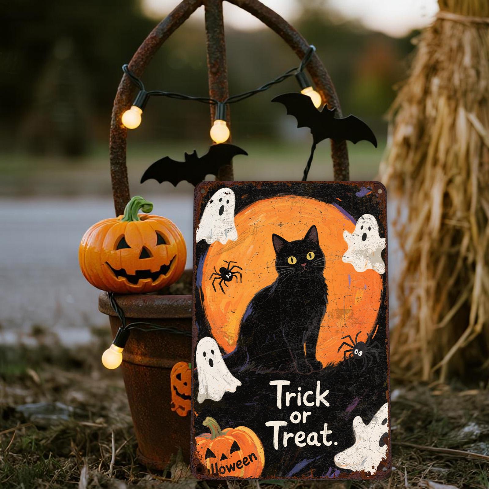 Black Cat Halloween Metal Sign: Vintage Trick or Treat Wall Art