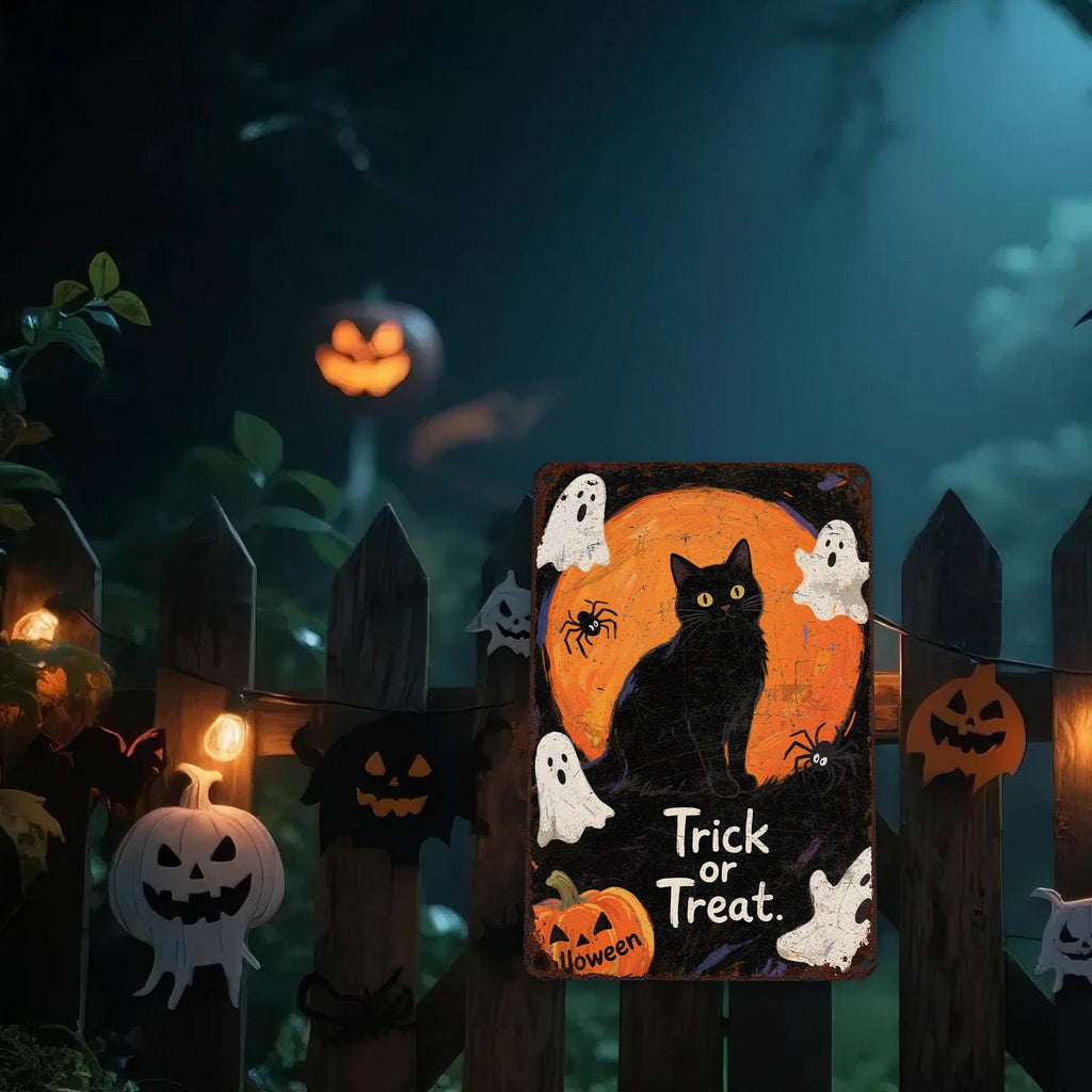 Schwarze Katze Halloween Metallschild | Vintage Trick or Treat Wandkunst