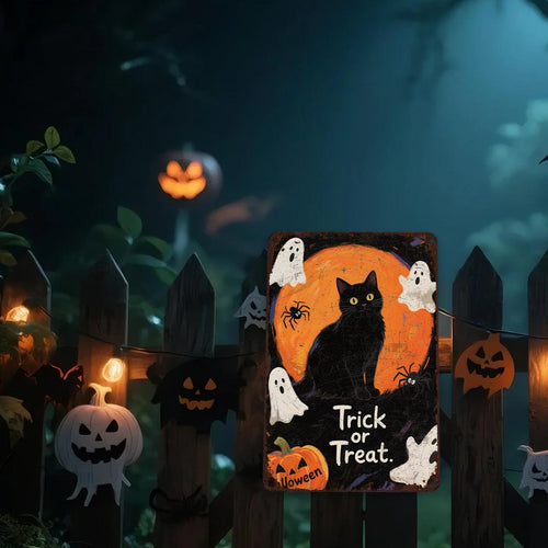 Black Cat Halloween Metal Sign: Vintage Trick or Treat Wall Art