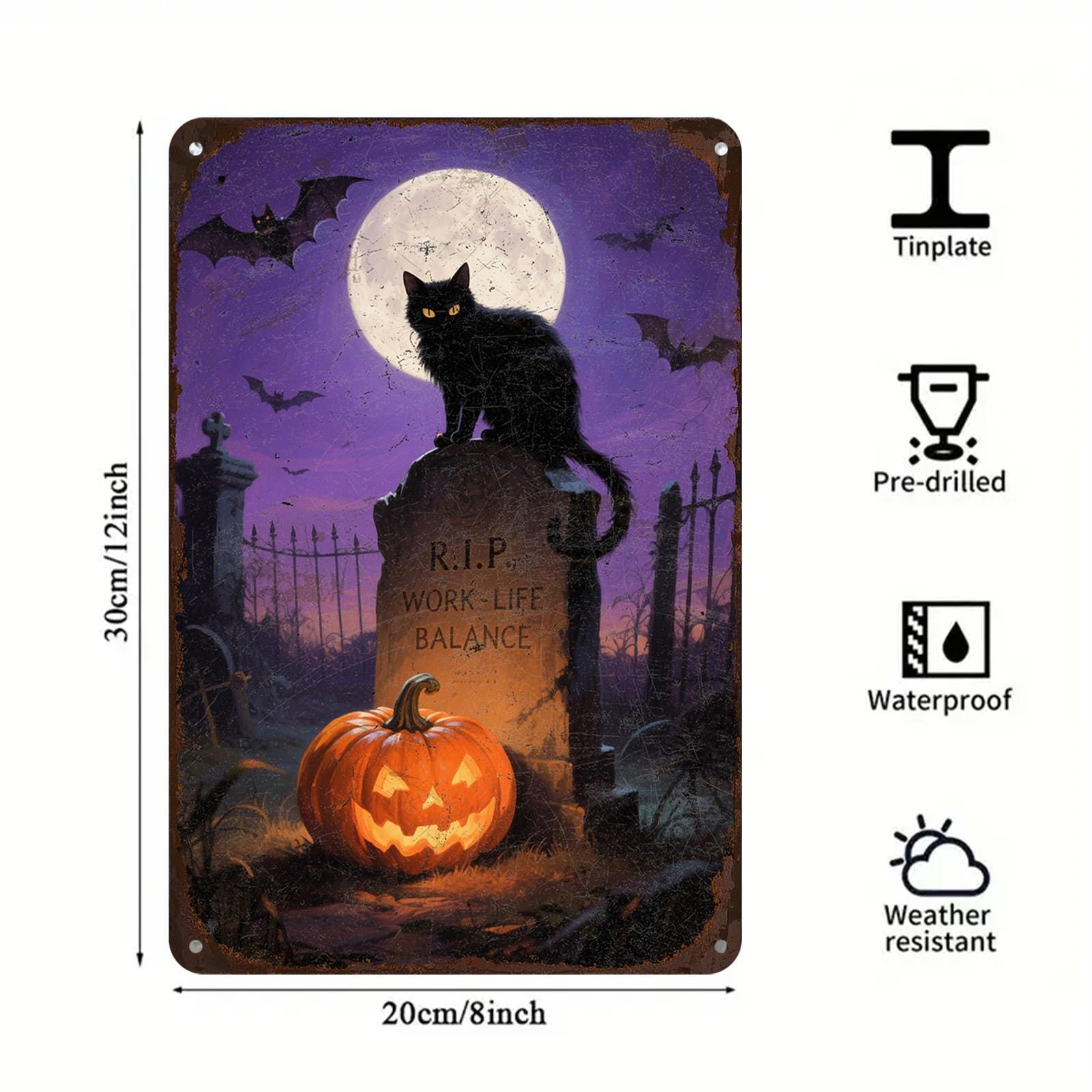 Halloween Black Cat Metal Sign: Funny Tombstone RIP, Spooky Gothic Decor
