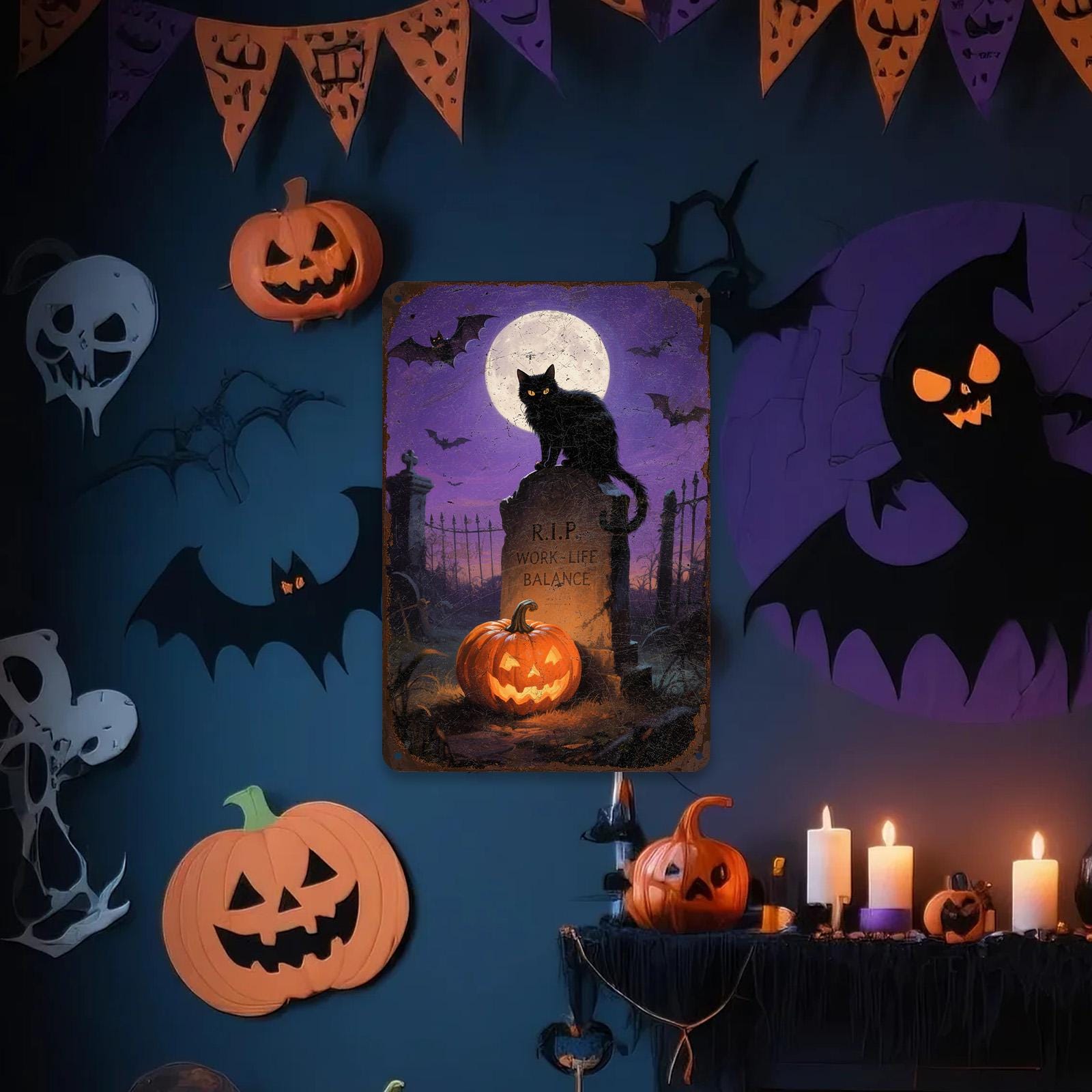 Halloween Black Cat Metal Sign: Funny Tombstone RIP, Spooky Gothic Decor