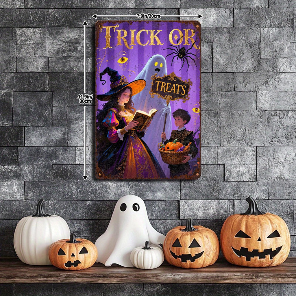 Halloween Metal Sign: Witch, Ghost, Pumpkin - Vintage Style Plaque