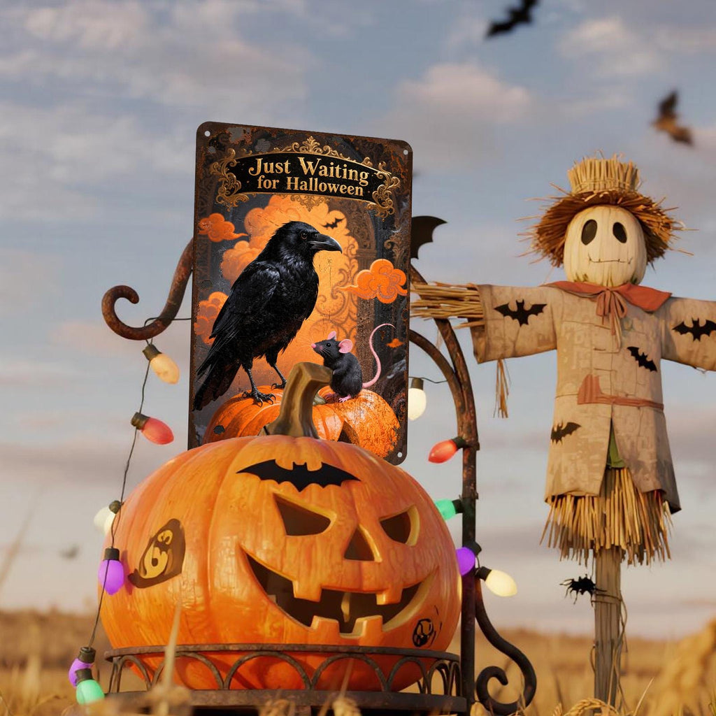Halloween Crow & Mouse Metal Sign: Spooky Jack O'Lantern Wall Decor