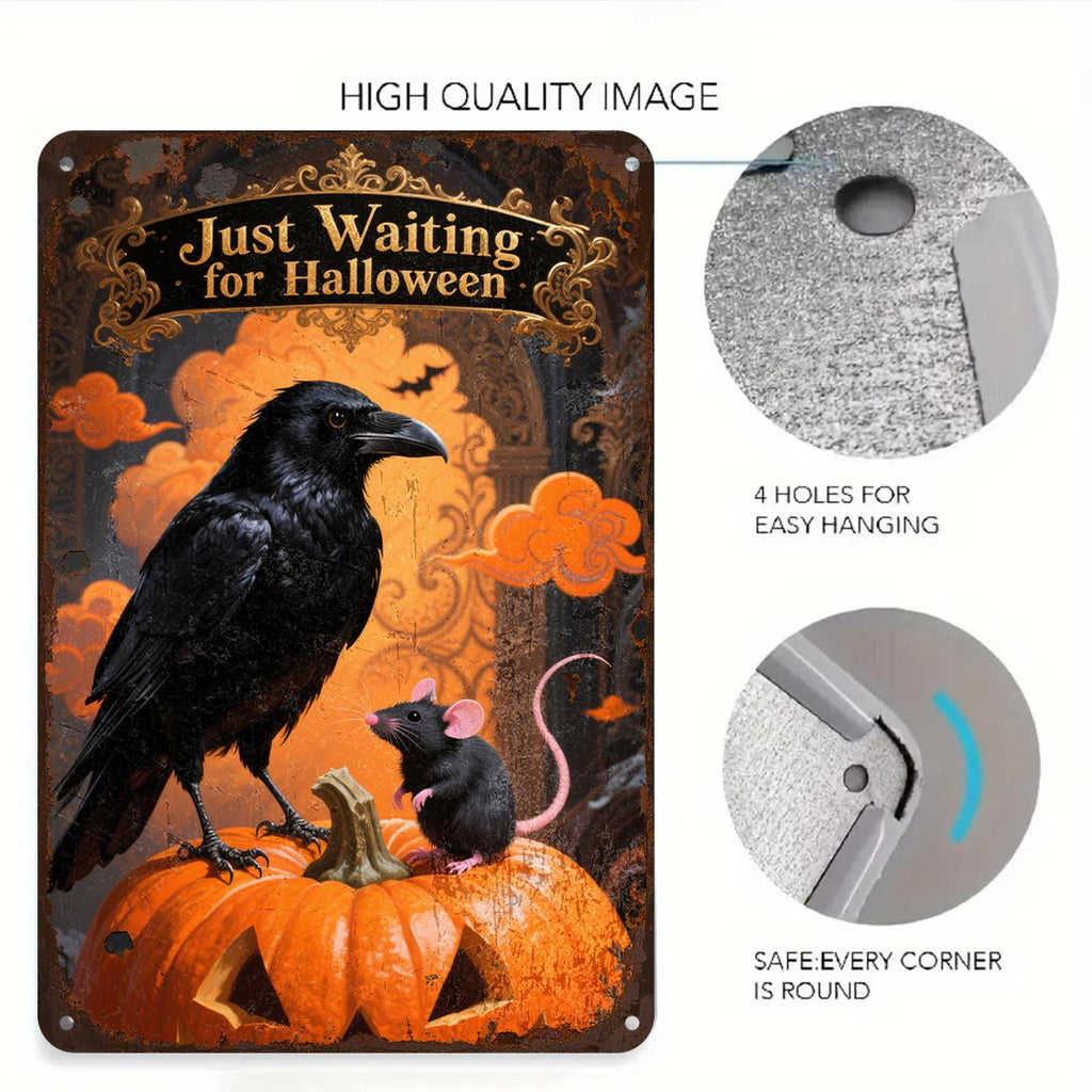 Halloween Crow & Mouse Metal Sign: Spooky Jack O'Lantern Wall Decor