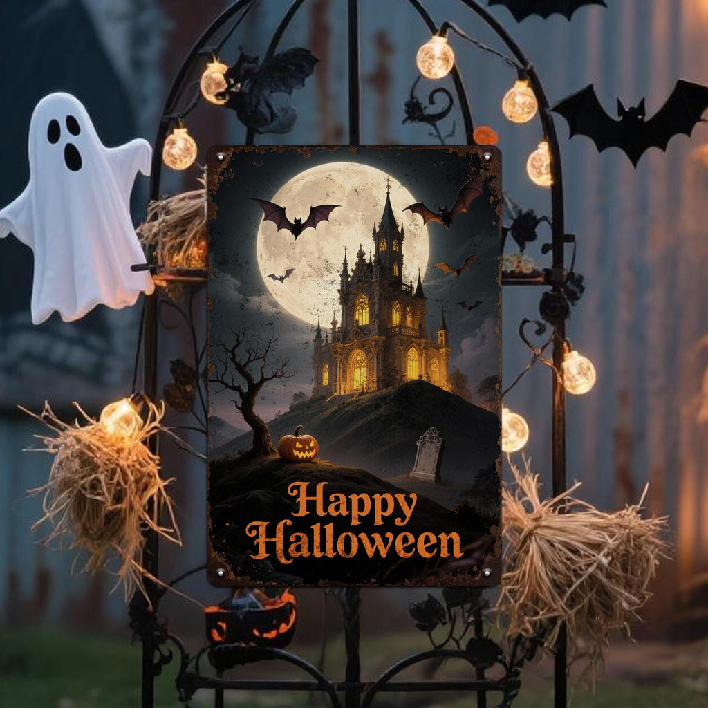 Haunted Castle Metal Sign: Gothic Halloween Decor, Bat Graveyard Plaque