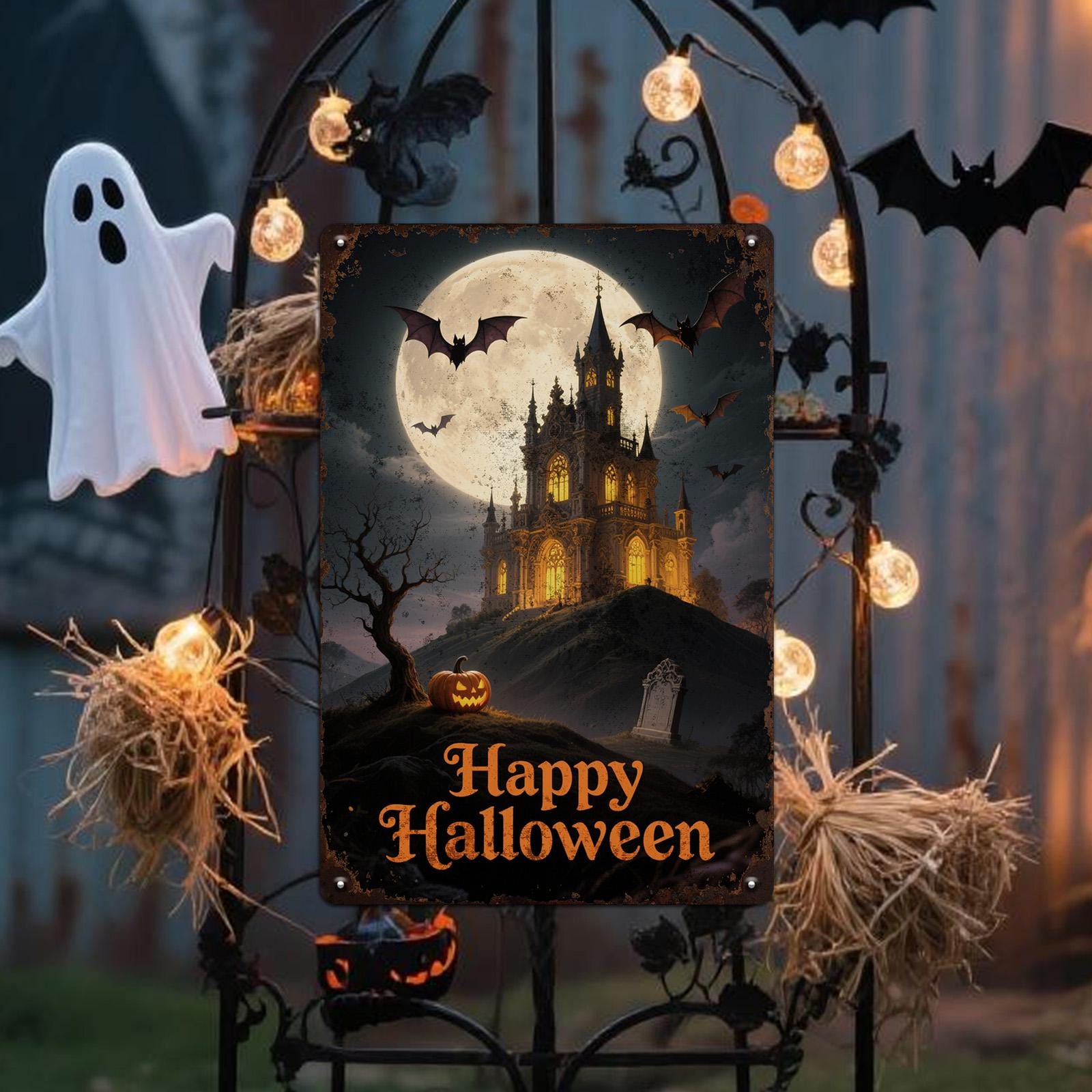 Haunted Castle Metal Sign: Gothic Halloween Decor, Bat Graveyard Plaque