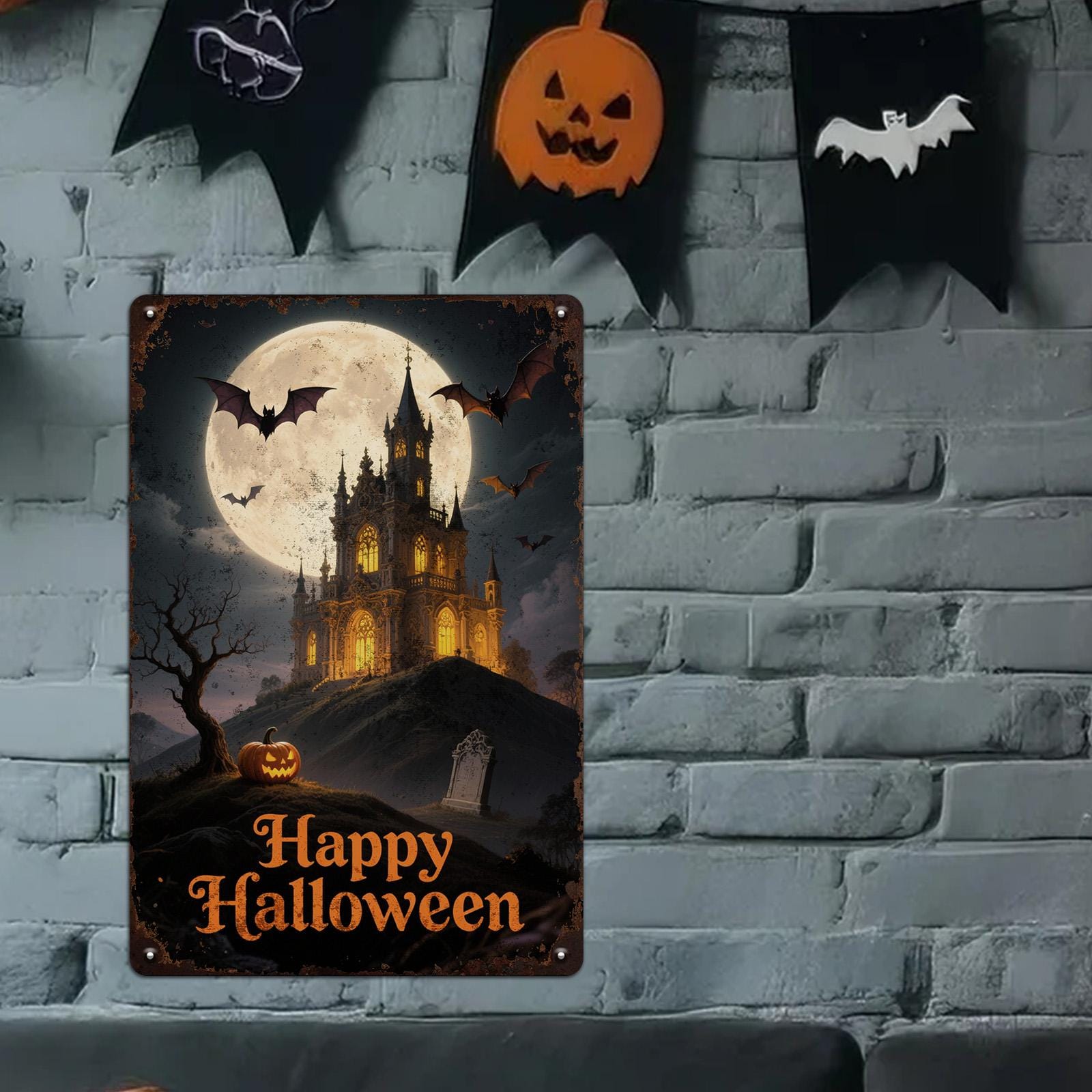 Haunted Castle Metal Sign: Gothic Halloween Decor, Bat Graveyard Plaque