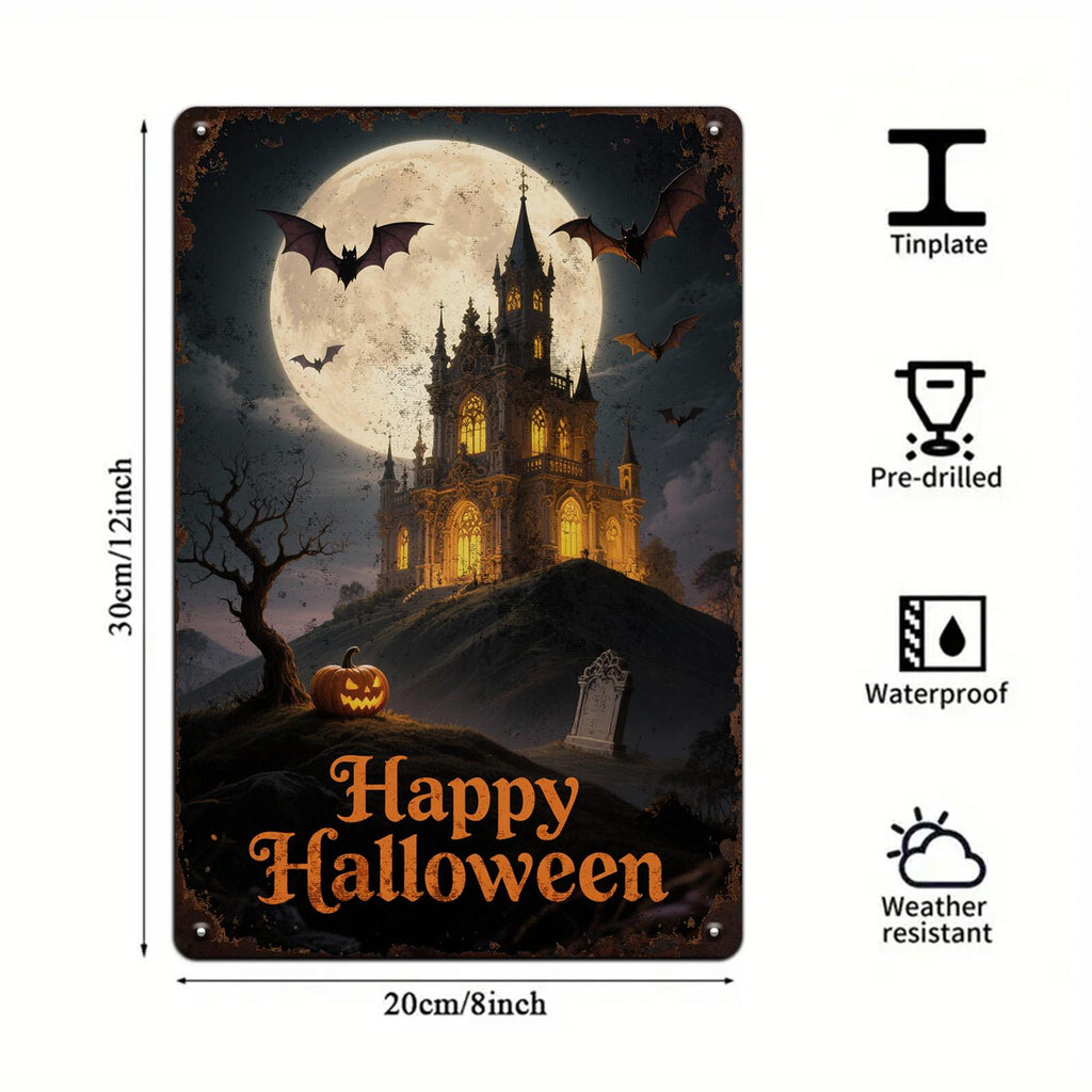 Haunted Castle Metal Sign: Gothic Halloween Decor, Bat Graveyard Plaque