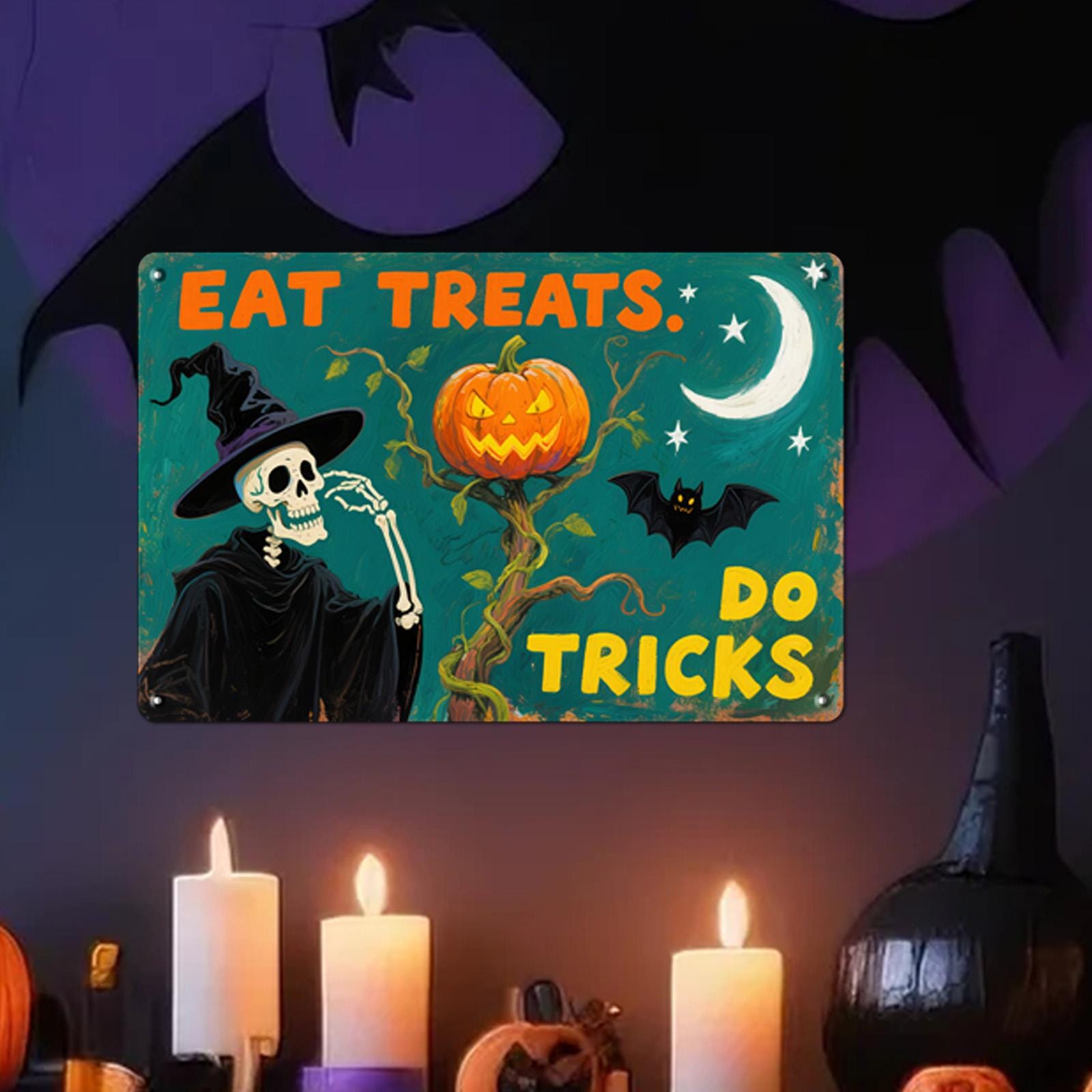 Funny Skeleton Halloween Metal Sign: Eat Treats, Spooky Decor
