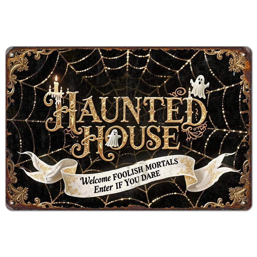 Haunted House Halloween Metal Sign: Gothic Spider Web Decor