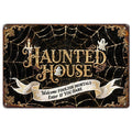 Haunted House Halloween Metal Sign: Gothic Spider Web Decor