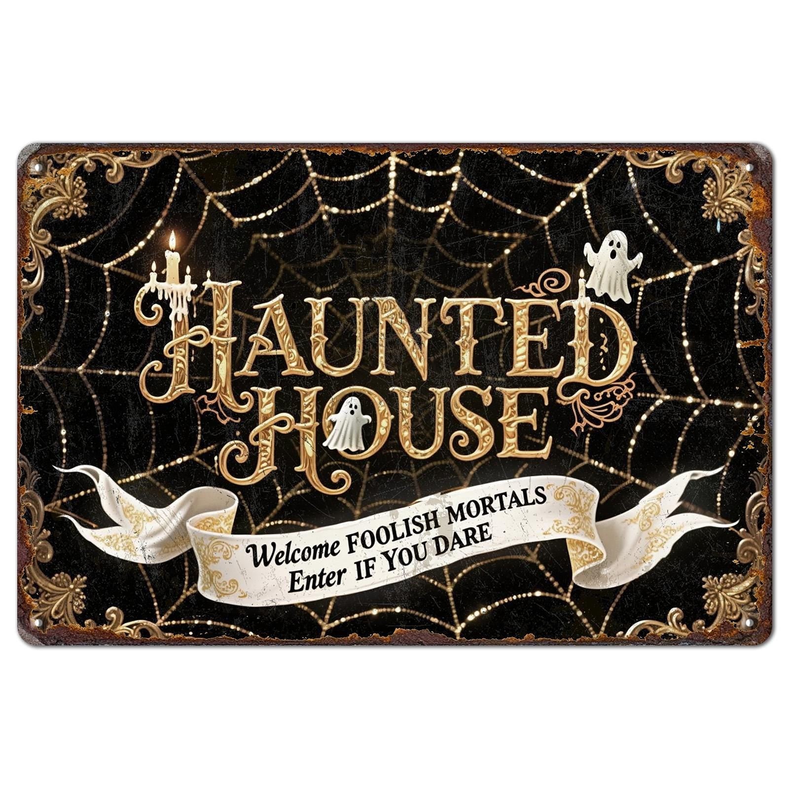 Haunted House Halloween Metal Sign: Gothic Spider Web Decor