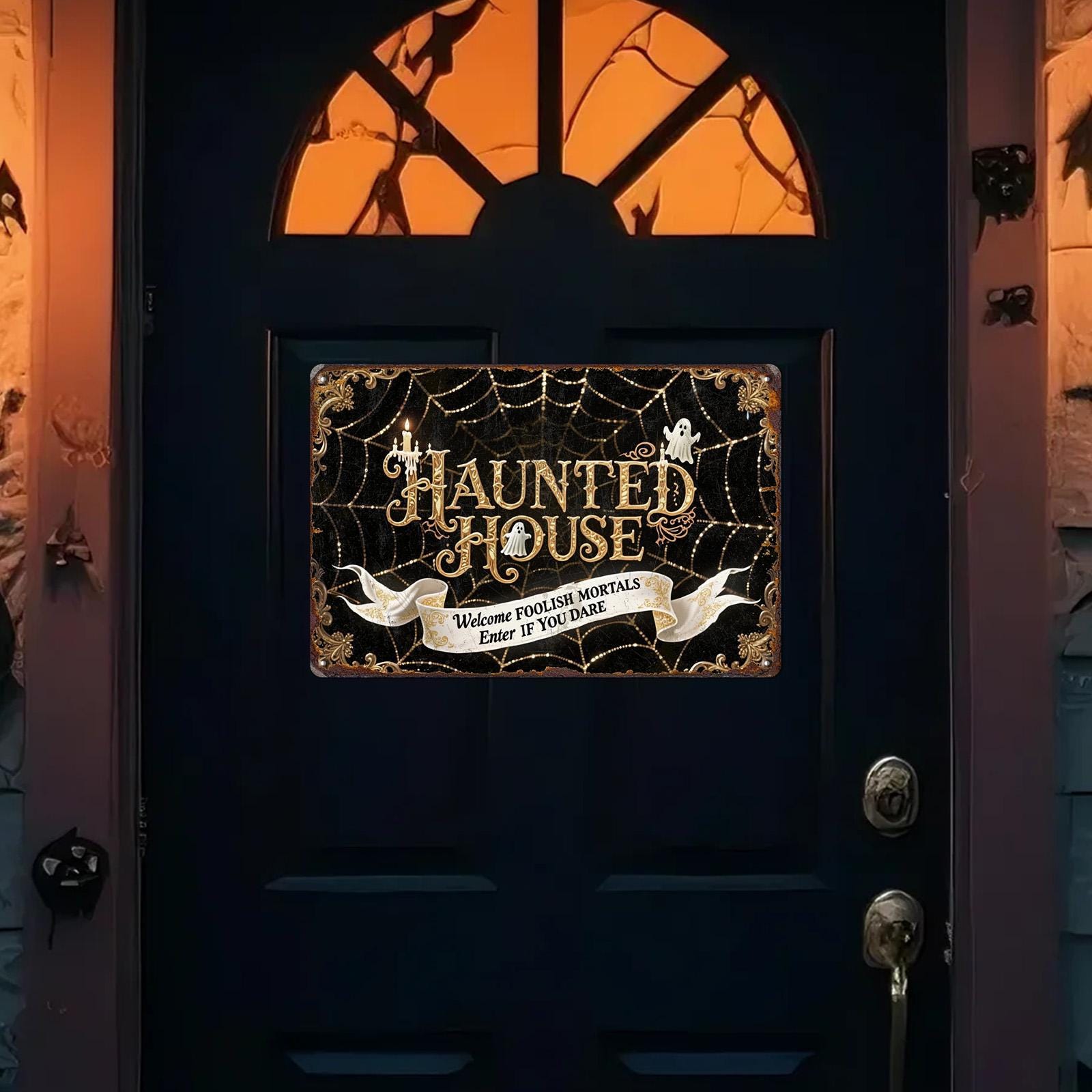 Haunted House Halloween Metal Sign: Gothic Spider Web Decor