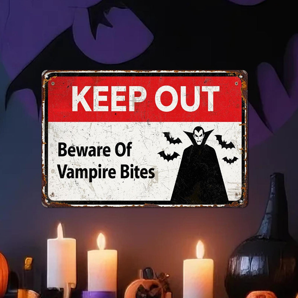 Keep Out Vampire Bites Metal Sign: Halloween Haunted House Decor