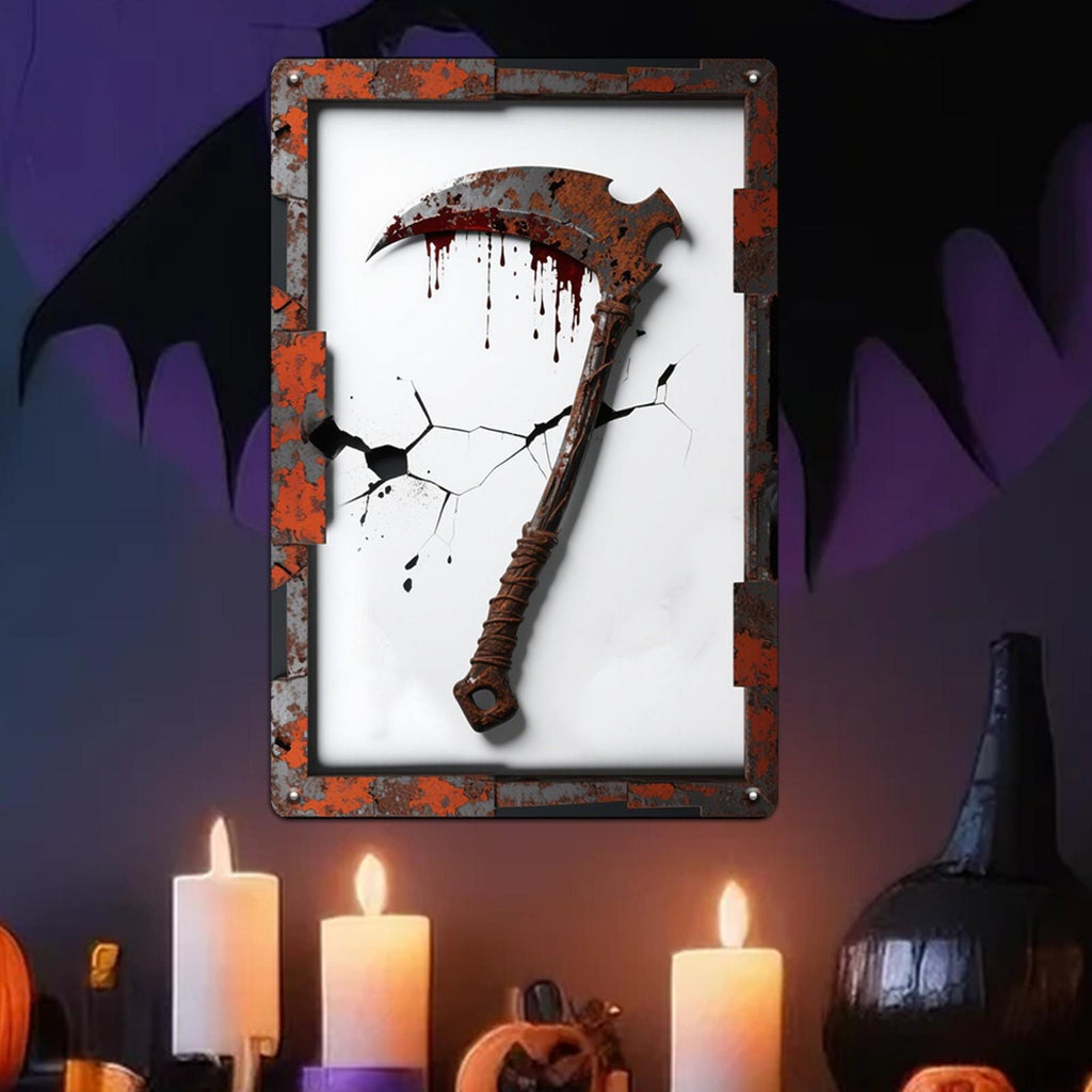 Bloody Scythe Metal Sign: Gothic Horror Halloween Decor