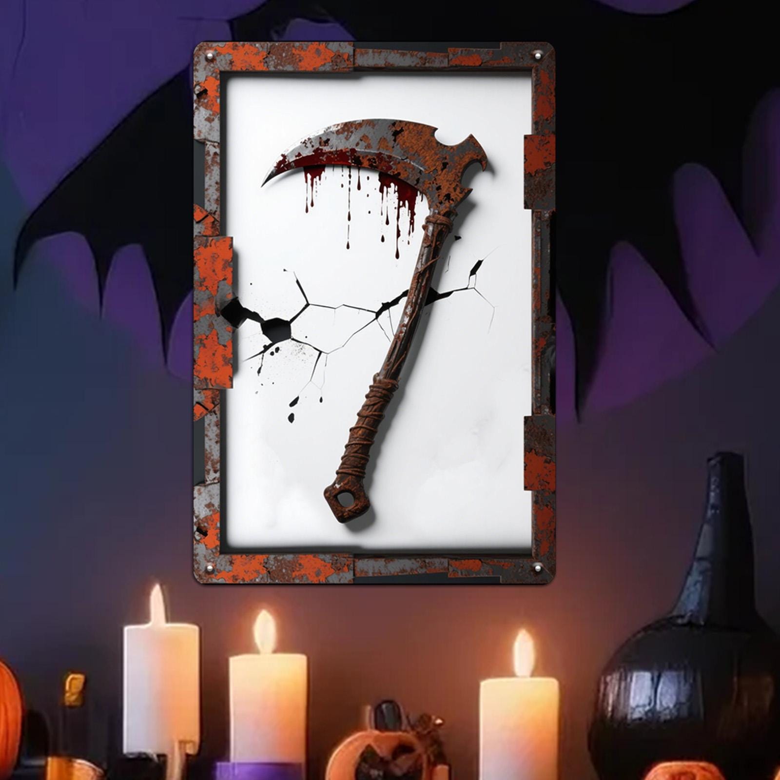 Bloody Scythe Metal Sign: Gothic Horror Halloween Decor