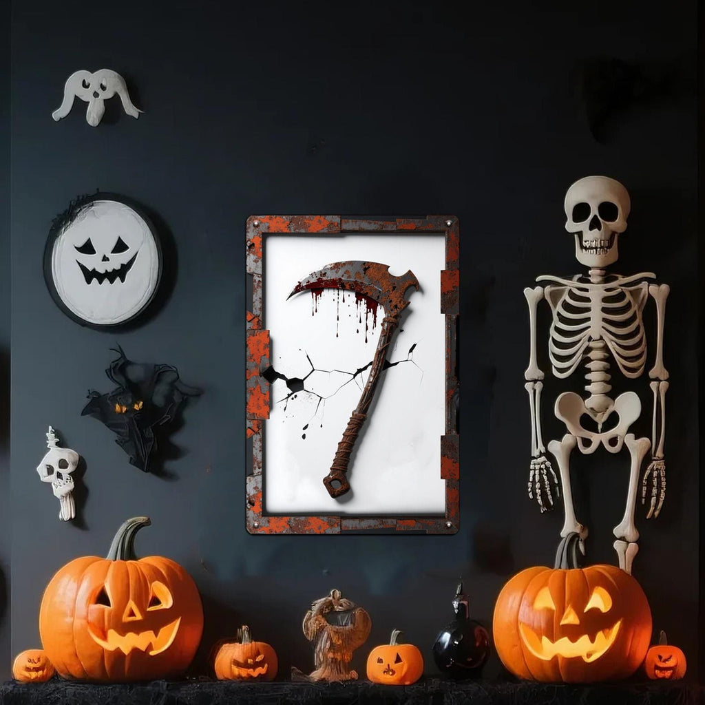 Bloody Scythe Metal Sign: Gothic Horror Halloween Decor