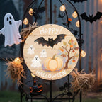 Pancarte murale métallique « Joyeux Halloween » | Décoration citrouille, fantôme et chauve-souris style rustique