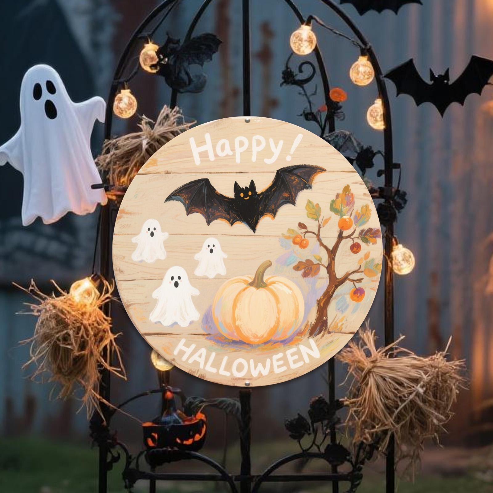 Happy Halloween Metal Sign: Rustic Pumpkin, Ghost & Bat Decor