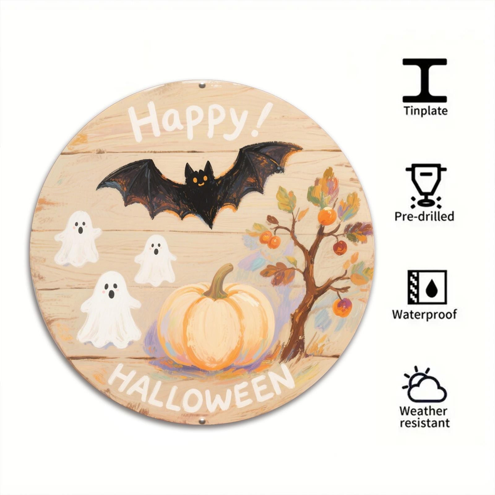 Happy Halloween Metal Sign: Rustic Pumpkin, Ghost & Bat Decor