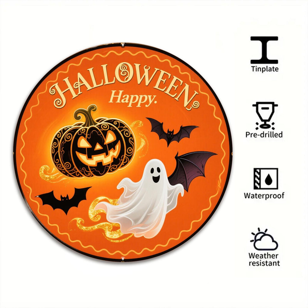 Halloween Metal Sign: Pumpkin, Ghost & Bat Decor - 8x8