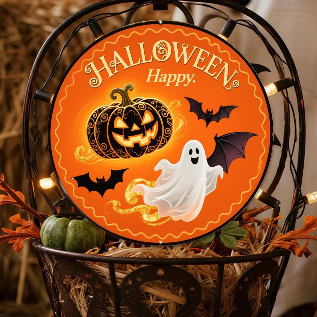 Halloween Metal Sign: Pumpkin, Ghost & Bat Decor - 8x8