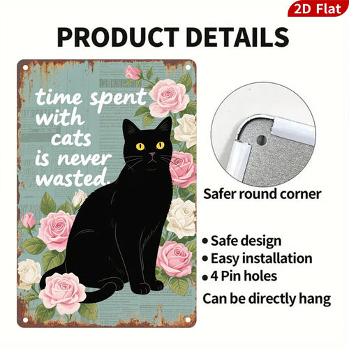 Black Cat Metal Sign, Vintage Floral Cat Quote Wall Art