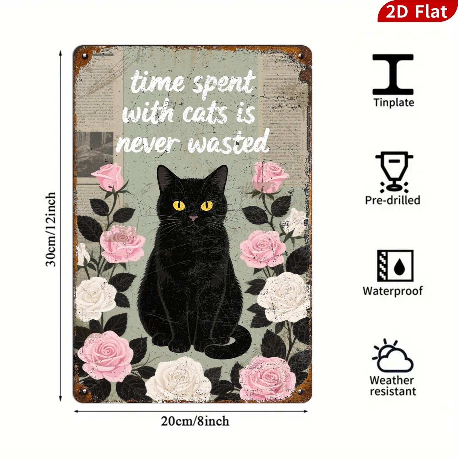 Vintage Cat Metal Sign: Roses & Black Cat Decor