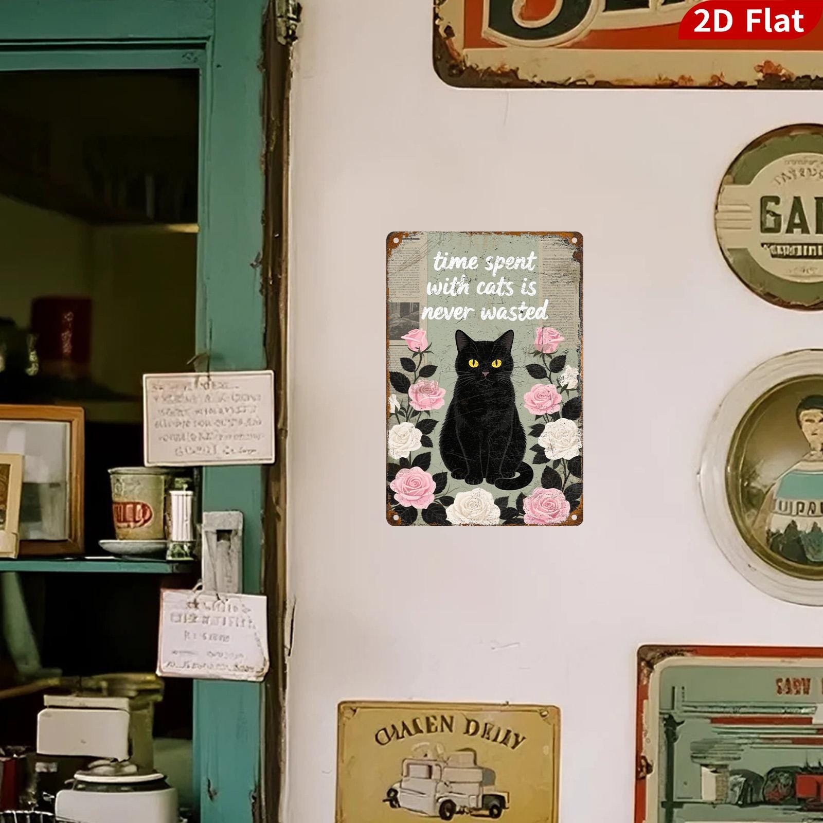 Vintage Cat Metal Sign: Roses & Black Cat Decor