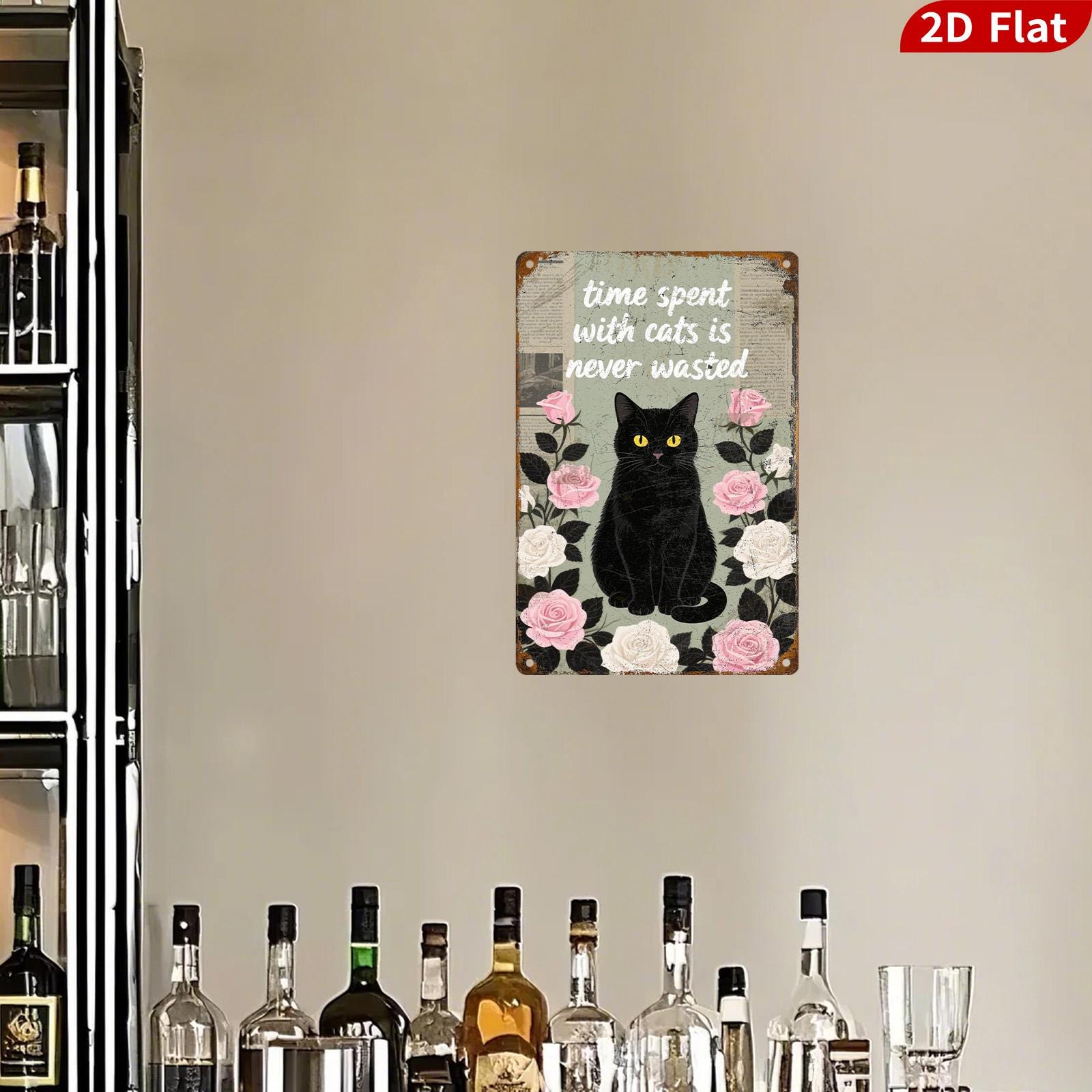 Vintage Cat Metal Sign: Roses & Black Cat Decor