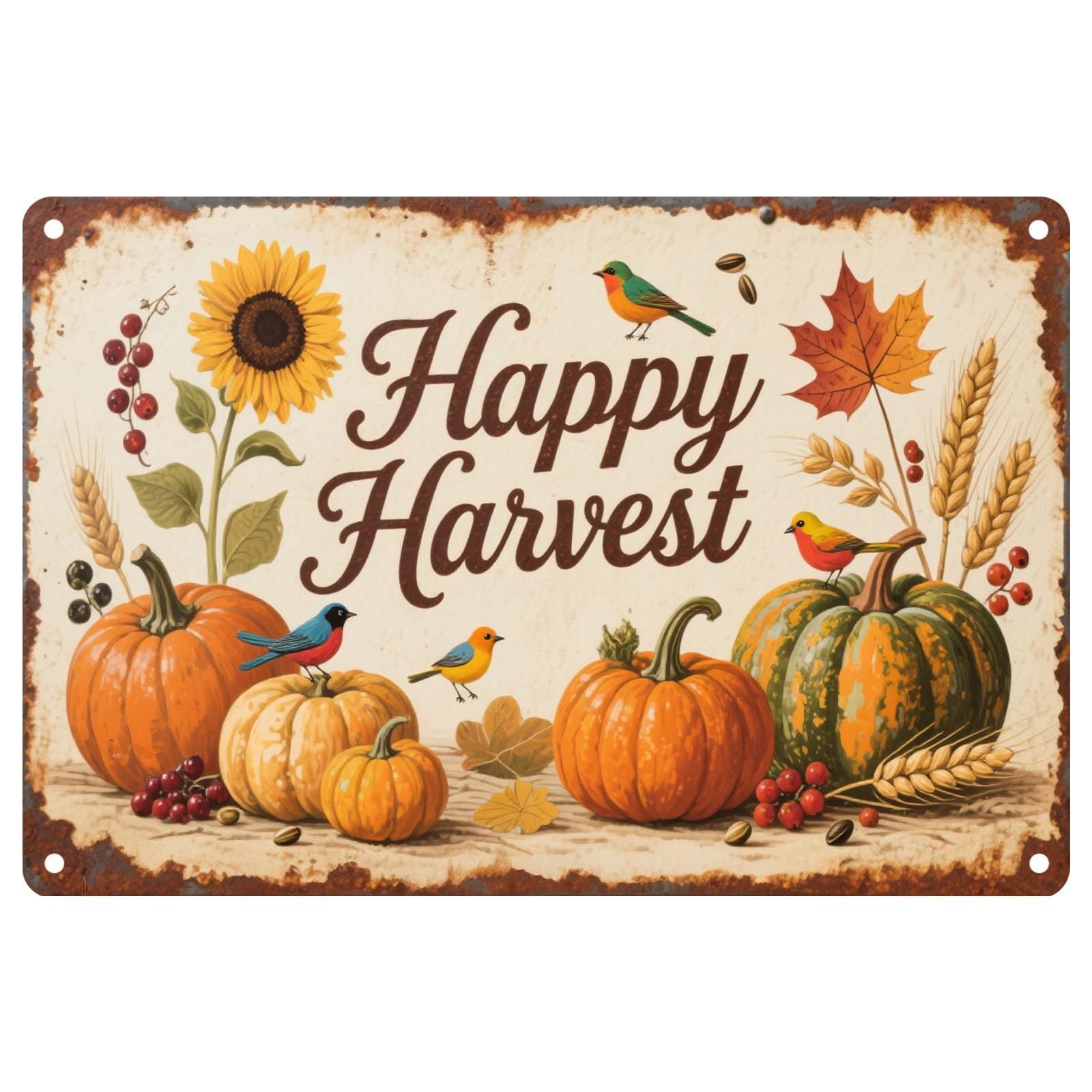 Rustic Harvest Metal Sign: Pumpkins & Sunflowers, Vintage Farmhouse Decor
